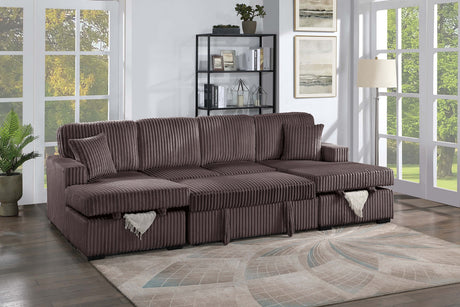 Chocolate Finish Convertible Sectional Upholstered Corduroy 3pc RAF And LAF Storage Chaises Pull Out Middle Section Pillow Included Primary Living Room - sold by Home Elegance USA