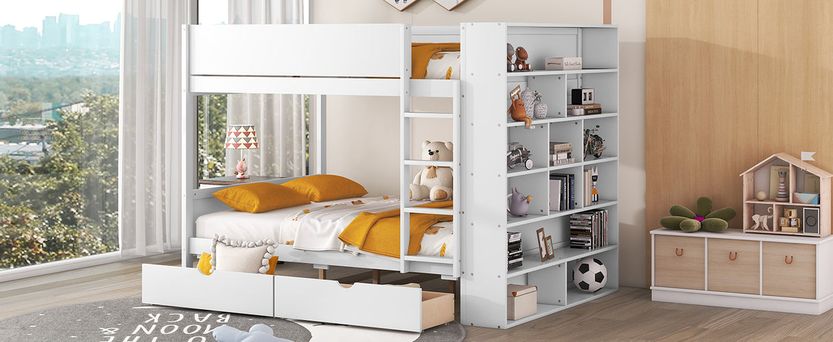 Full over Full Bunk Bed With 2 Drawers and Multi-layer Cabinet, White - Home Elegance USA