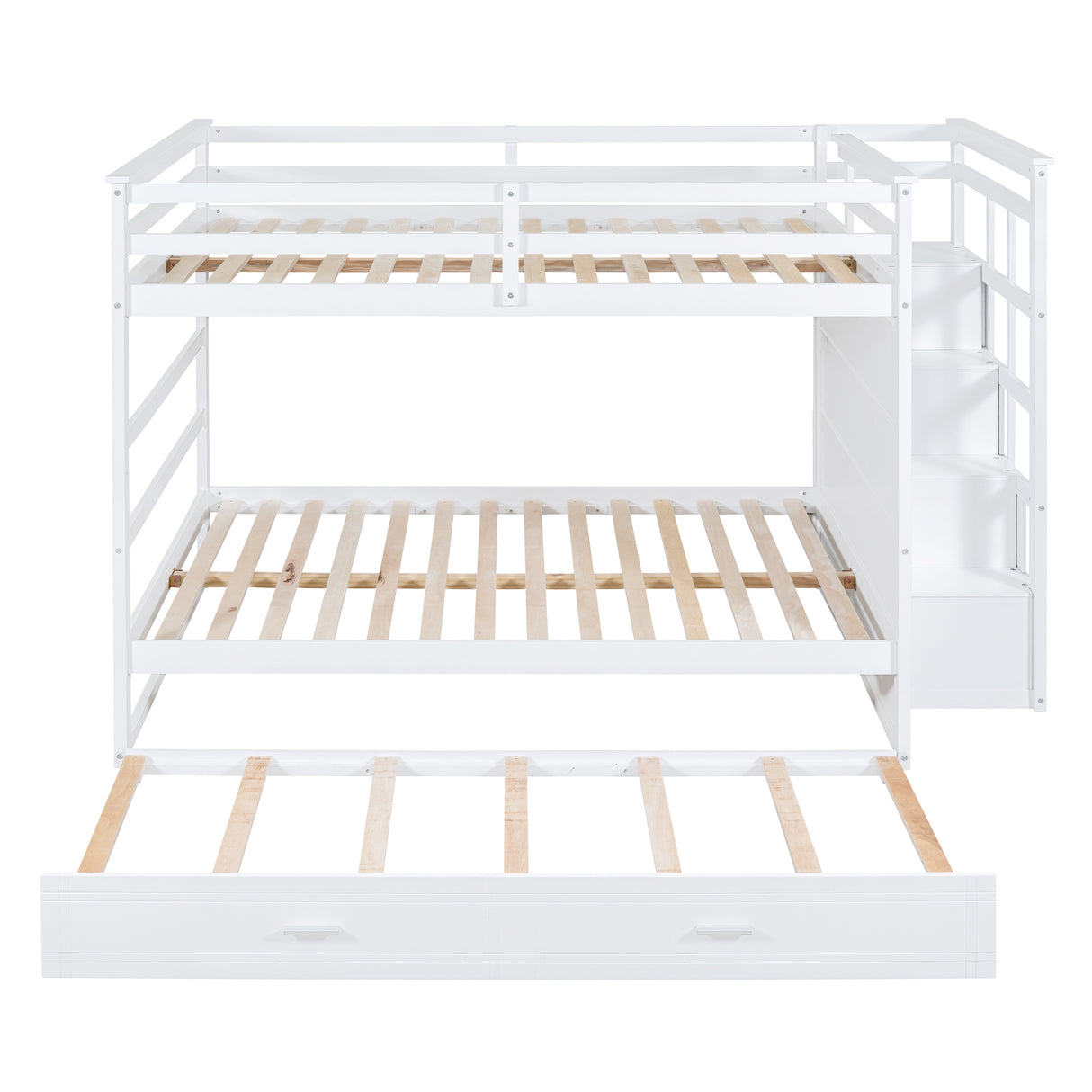 Full Over Full Bunk Bed with Twin Size Trundle and Staircase, White - Home Elegance USA