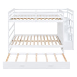 Full Over Full Bunk Bed with Twin Size Trundle and Staircase, White - Home Elegance USA