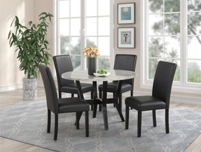 5pc Dining Set Faux Marble Top Table Solid Rubber Wood PU Upholstered Chair White Top Black Base Round Shape Dining Room Furniture - sold by Home Elegance USA