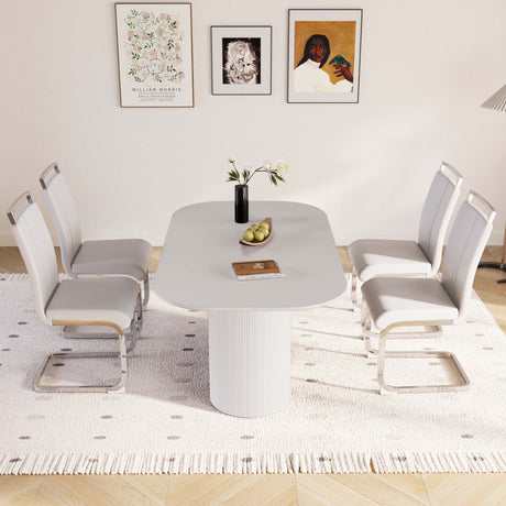 63 'medieval modern cream style MDF dining table and PU armless dining chair set 4. Assemble Desktop and Silver plated metal leg dining chair set, suitable for home&kitchen - sold by Home Elegance USA