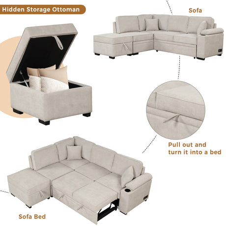 2 in 1 Sleeper Sofa Bed with Storage Ottoman, Beige Linen Upholstery, 84.75' L Shape Couch for Small Spaces - sold by Home Elegance USA