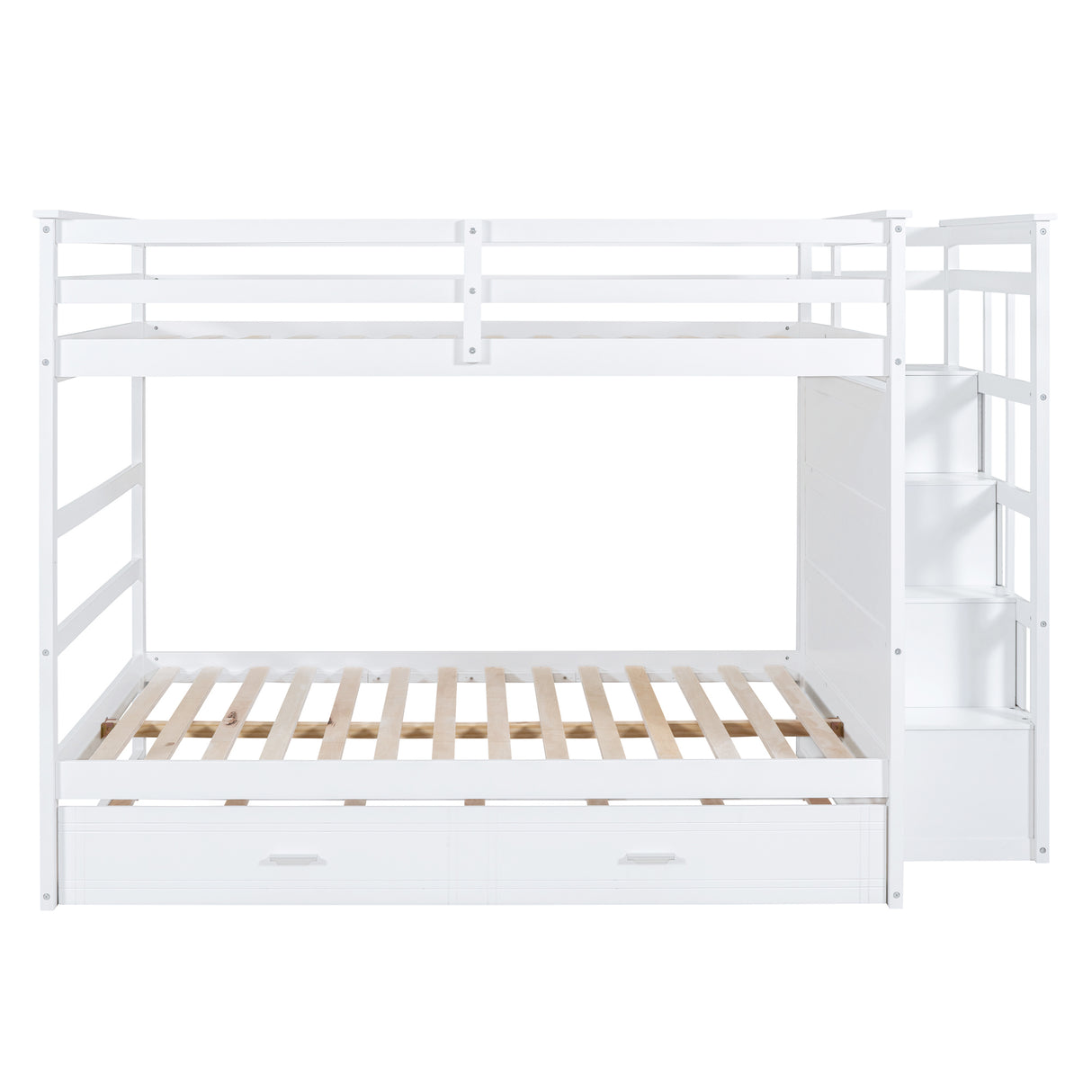 Full Over Full Bunk Bed with Twin Size Trundle and Staircase, White - Home Elegance USA