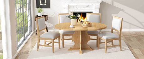 TREXM Farmhouse 5-Piece Dining Table Set with 4 Upholstered Chairs, Wood Extendable Dining Table with 15.7' Leaf for Extra Seating for Dining Room, Kitchen and Living Room (Natural Wood Wash) - sold by Home Elegance USA