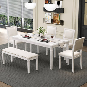 TREXM Vintage Extendable Dining Table Set for 6 with 4 Chairs & Bench, 59 to 72-Inch Rustic Farmhouse Kitchen Table Set with Distressed Finish and Retro Carved Legs (Washed White) - sold by Home Elegance USA
