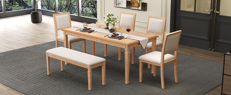 TREXM Vintage Extendable Dining Table Set for 6 with 4 Chairs & Bench, 59 to 72-Inch Rustic Farmhouse Kitchen Table Set with Distressed Finish and Retro Carved Legs (Natural Wood Wash) - sold by Home Elegance USA