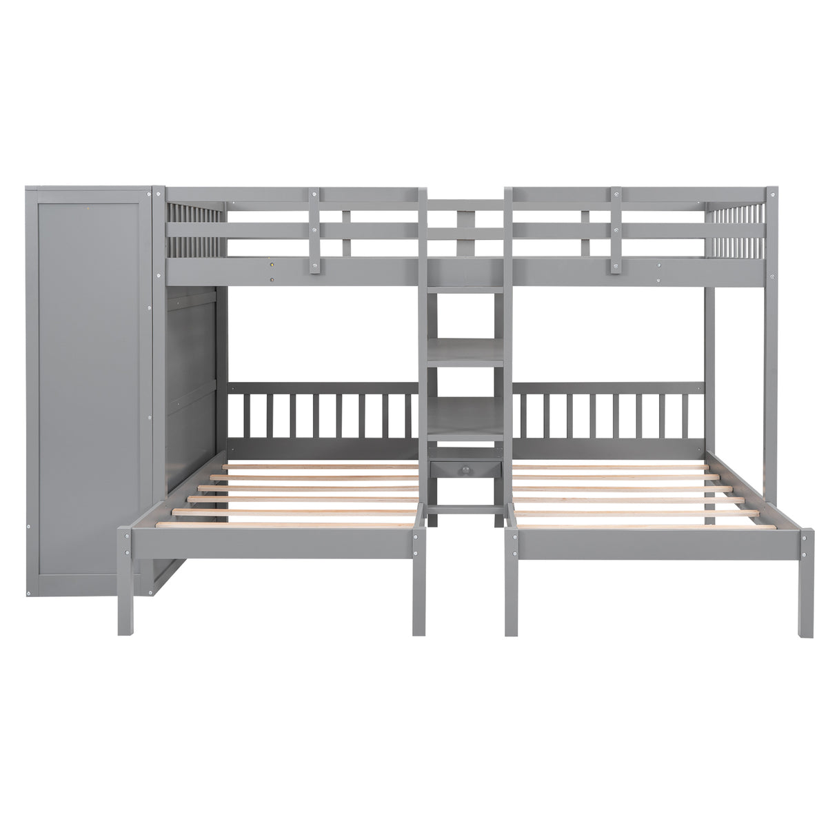 Full-Over-Twin-Twin Bunk Bed with Shelves, Wardrobe and Mirror, Gray - Home Elegance USA