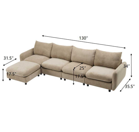 130 in. oversize 5-Piece L Shaped Modular Free Combination Sectional Velvet Sofa Couch with Ottoman for Living Room and Spacious Space, Nomad - sold by Home Elegance USA