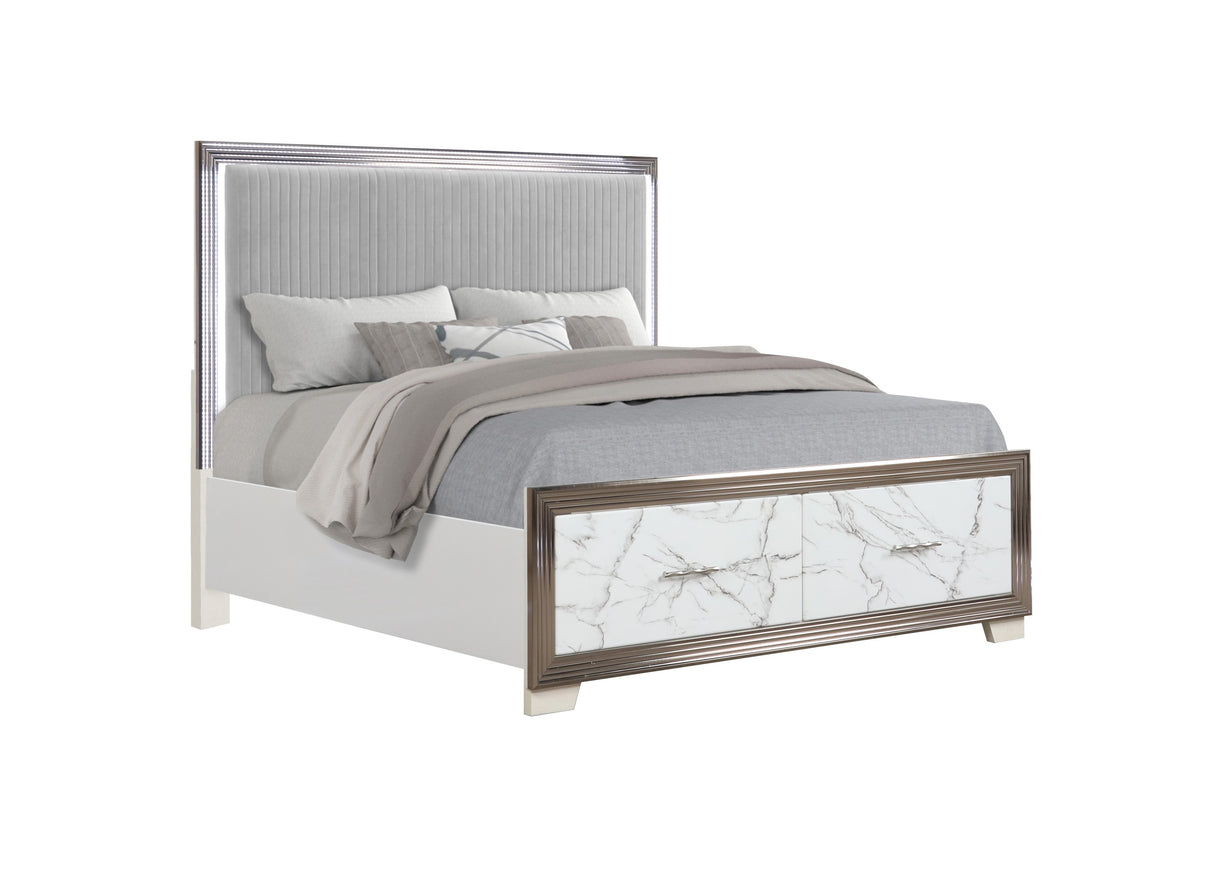 Desire Queen Bed –Upholstered LED Headboard with Marble-Patterned Footboard Storage and Metallic Trim for a Chic Modern Bedroom Statement( CA INVENTORY)