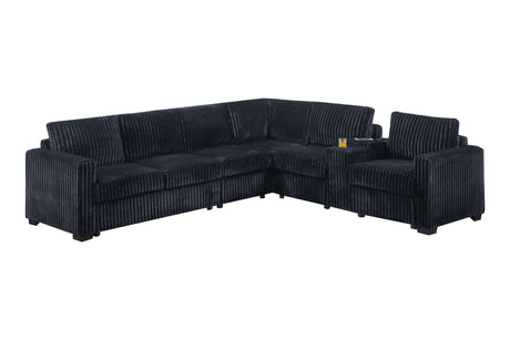 Modern Style L-Shape 4pc Sectional Set Reversible Loveseat USB Ports Cup Holder Armless Chair Plastic Legs Corduroy Upholstered Black Finish Primary Living Room - sold by Home Elegance USA