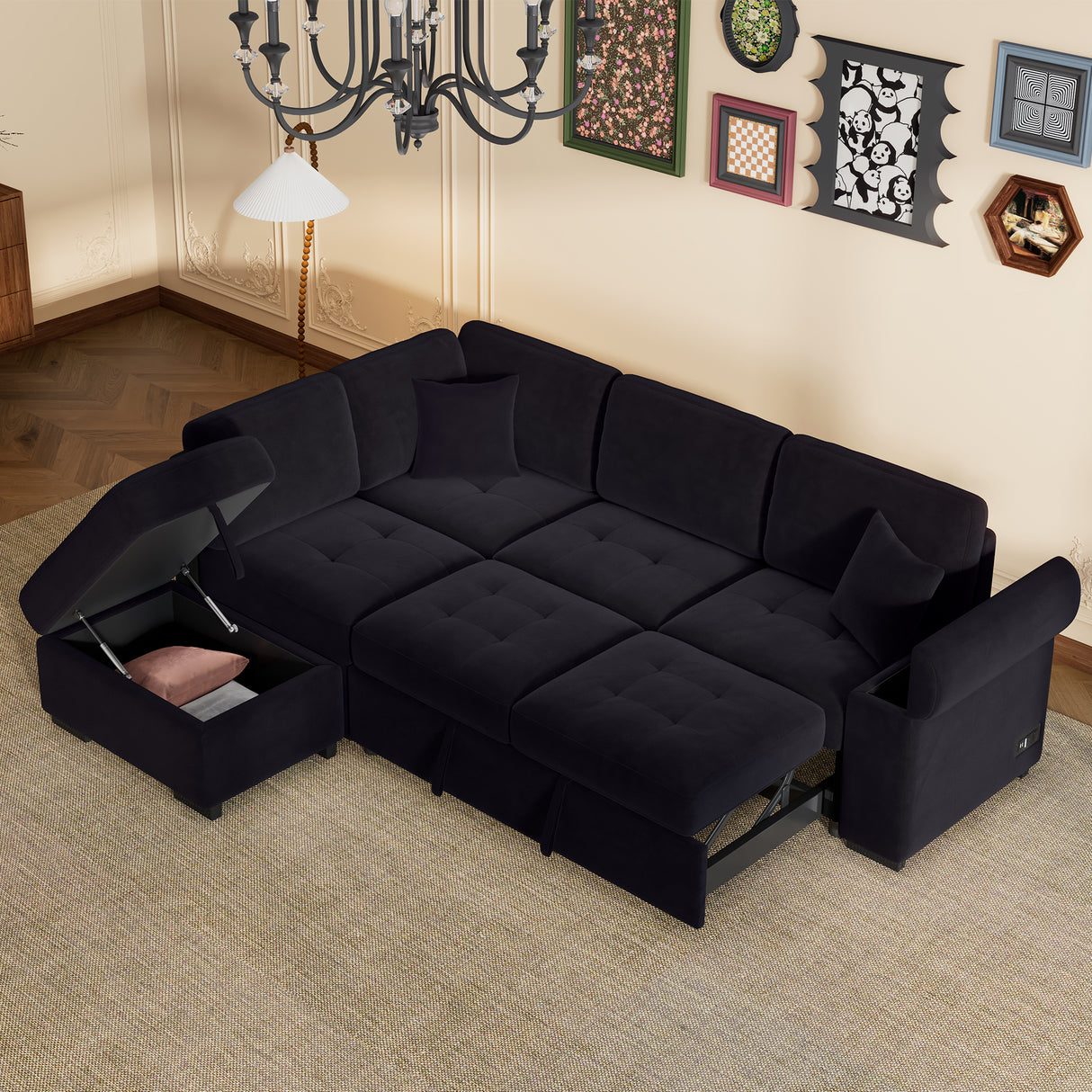 Sleeper Sectional Sofa, L-Shape Corner Couch Sofa-Bed with Storage Ottoman & Hidden Arm Storage & USB Charge  for Living Room Apartment, Black