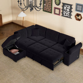 Sleeper Sectional Sofa, L-Shape Corner Couch Sofa-Bed with Storage Ottoman & Hidden Arm Storage & USB Charge  for Living Room Apartment, Black - sold by Home Elegance USA