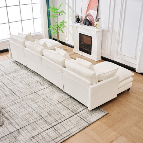 140.9-inch U-shaped modular sectional sofa, suitable for living room or bedroom. It comes with 2 movable ottomans, 4 cushions and 2 throw pillows. Made of soft cashmere fabric, in beige - sold by Home Elegance USA