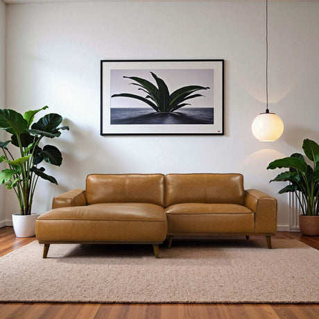 Kerrville Tan Leather Left Sectional Sofa with Mid-Century Modern Design, Genuine Leather Upholstery, Walnut-Finished Wood Legs, 98-Inch L-Shaped Layout - sold by Home Elegance USA