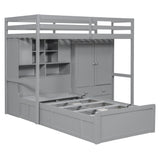 Twin Bunk Bed with Drawers, Wardrobe, Storage Shelves and Hydraulic Bed,Gray - sold by Home Elegance USA