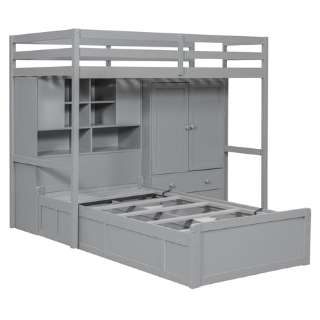Twin Bunk Bed with Drawers, Wardrobe, Storage Shelves and Hydraulic Bed,Gray - sold by Home Elegance USA