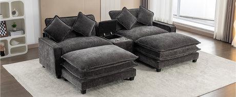 Modern Chenille Upholstered Sectional Sofa with Ottomans, USB Ports, Cup Holders, and Storage in Grey - sold by Home Elegance USA