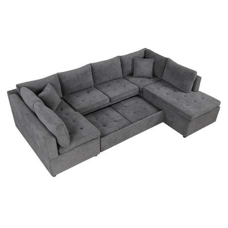Oversized Sectional Sofa U-shaped Couch Pull-out Sofa Bed with Two Throw Pillows Gray Chenille 117.3' - sold by Home Elegance USA