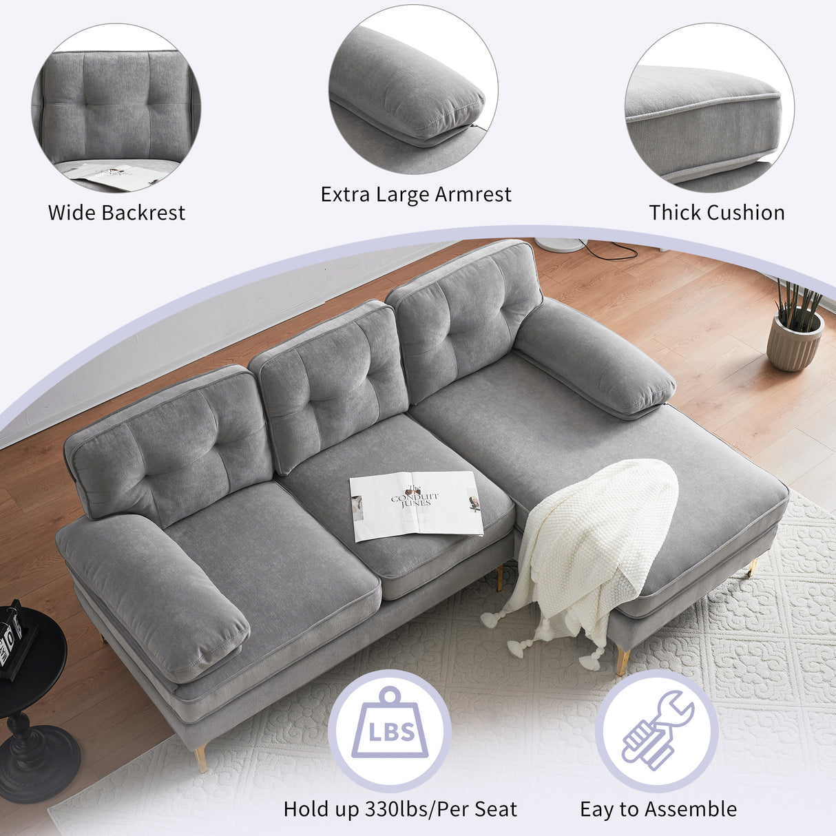 83" Modern Sectional Sofas Couches Velvet L Shaped Couches for Living Room, Bedroom, Light Grey - SG000980AAE - image - 4