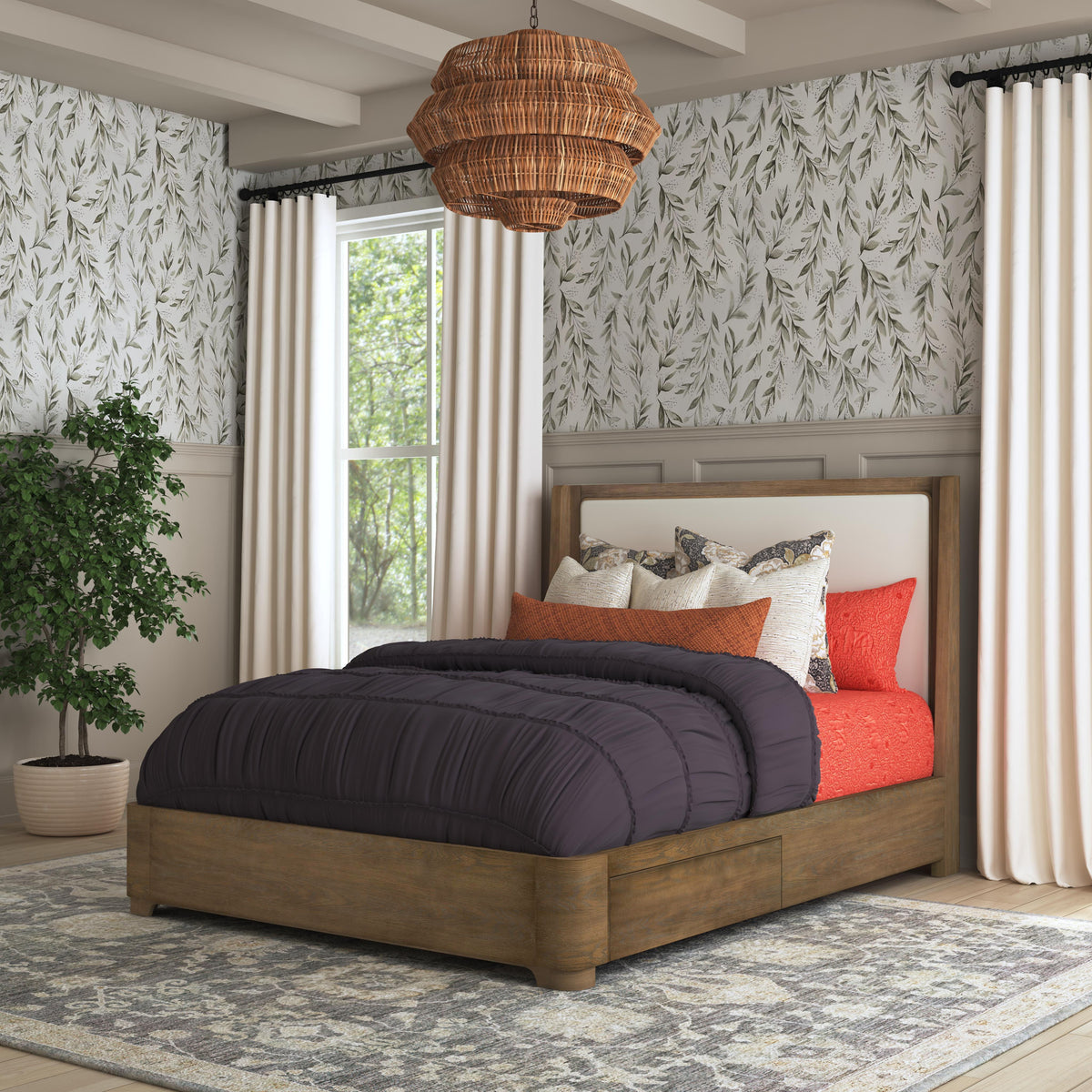Normandy Queen Upholstered Storage Bed - Light Brown | Flexsteel