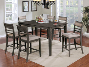 7pc Counter Height Dining Table Set 1x Table 6x Chairs Transitional Style Weathered Gray And Beige Finish Padded Cushion Slat Back Chairs - sold by Home Elegance USA
