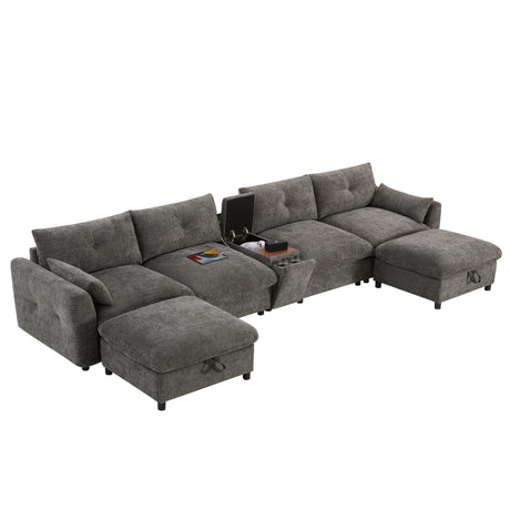 136'' Modular Sectional Sofa with Console, Cup Holder, USB Charger, Movable Storage Ottoman, Pull-line&Tufted Design, U-Shaped Oversized Chenille Sofa for Living Room&Apartment,2 Colors - sold by Home Elegance USA