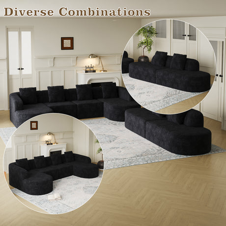 111.8-inch L-shaped curved modular sofa, modern design featuring lychee-textured long-pile polyester fabric, curved backrest with three pillows - sold by Home Elegance USA