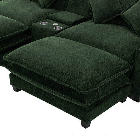 Chenille Upholstered 111' Sectional Sofa with Two Removable Ottomans, USB Ports, Cup Holders, and Storage, Green - sold by Home Elegance USA