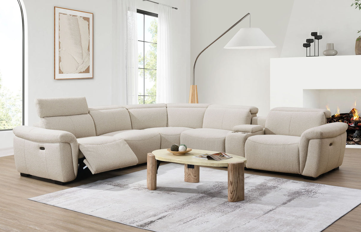 Dayana Beige Boucle Power Recliner Sectional Sofa for 5 People with Cupholder Console & Adjustable Headrest