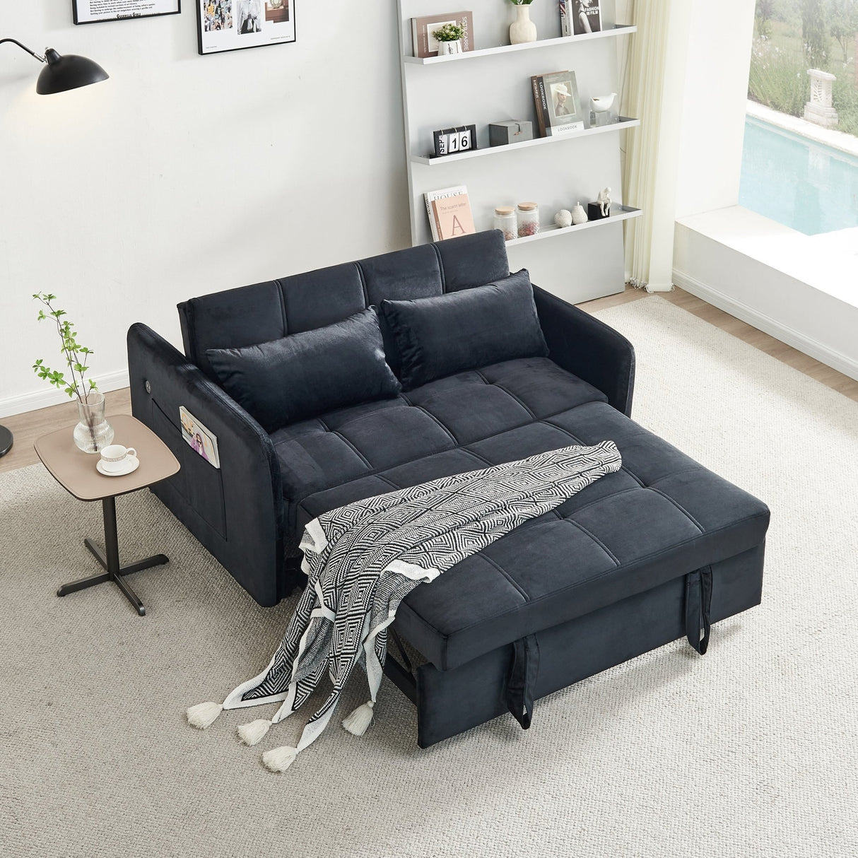 55.5" Twins Pull Out Sofa Bed Black Velvet - W1097104078 - image - 8