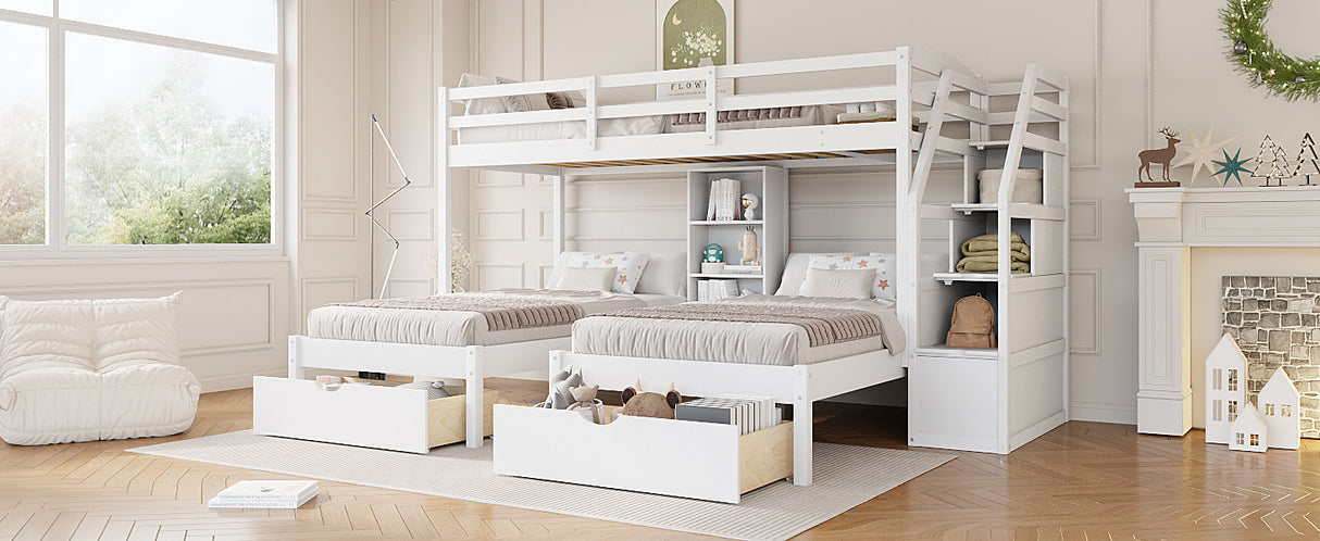 Twin over Twin&Twin Bunk Bed, Triple Bunk Bed with Drawers, Staircase with Storage, Built-in Shelves, White - sold by Home Elegance USA