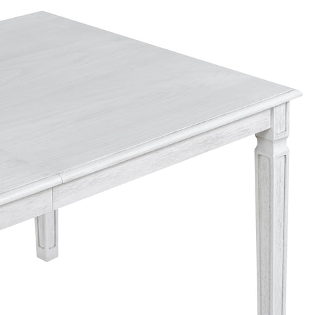 TREXM Vintage Extendable Dining Table Set for 6 with 4 Chairs & Bench, 59 to 72-Inch Rustic Farmhouse Kitchen Table Set with Distressed Finish and Retro Carved Legs (Washed White) - sold by Home Elegance USA