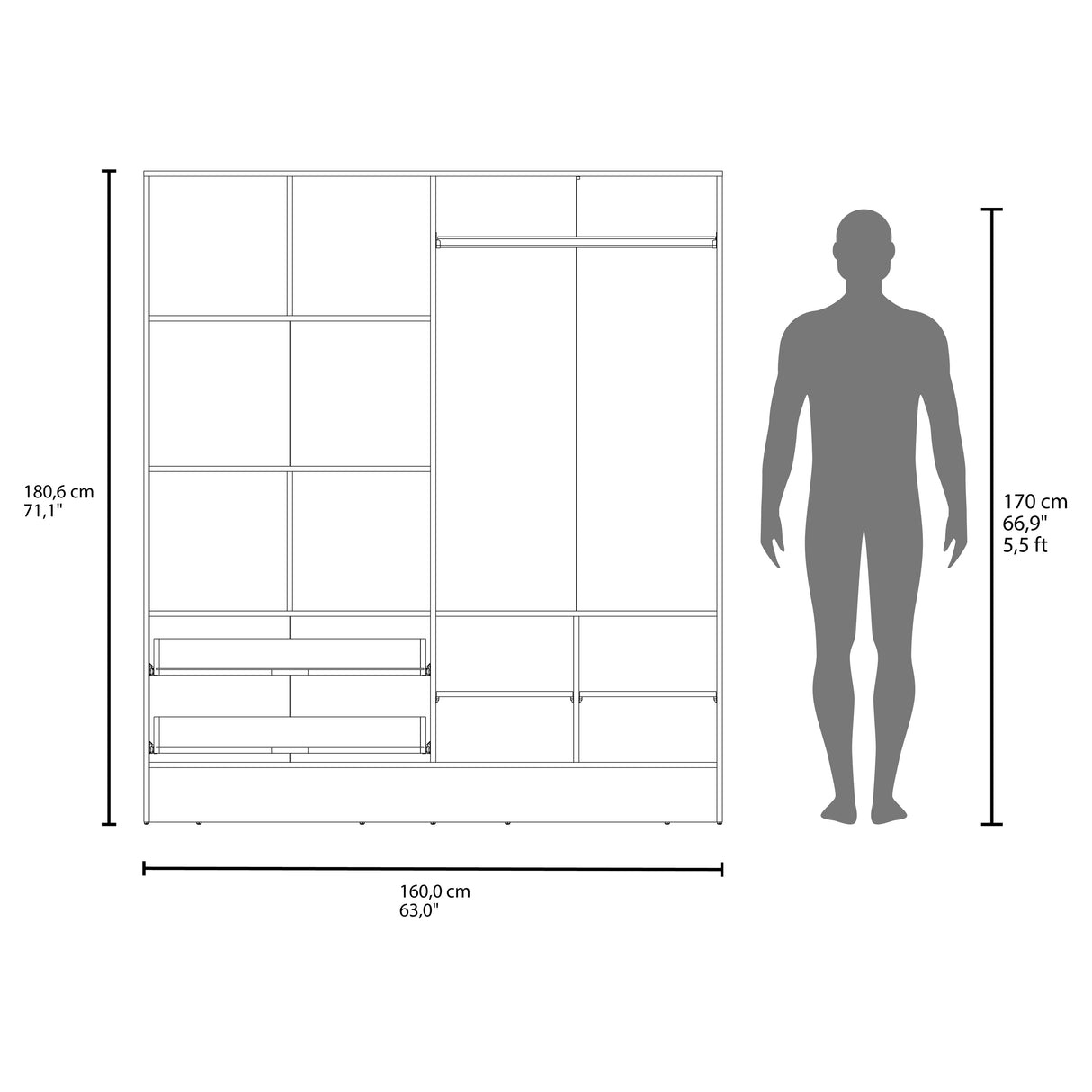 Gangi 160 Armoire, 4-door wardrobe , Two Mirrors, Metal Hardware, Two Drawers, Rod, Ten Shelves, White -Bedroom - sold by Home Elegance USA