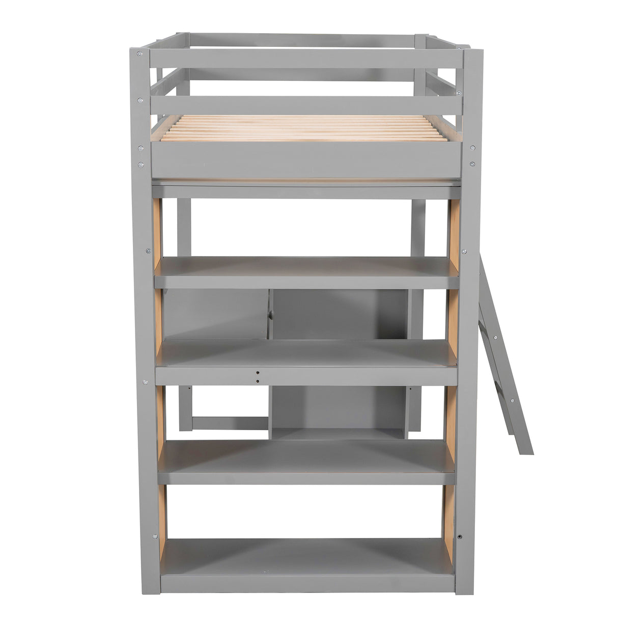 Twin Size Loft Bed with Ladder, Shelves, and Desk, Gray(LT000225AAE) - Home Elegance USA