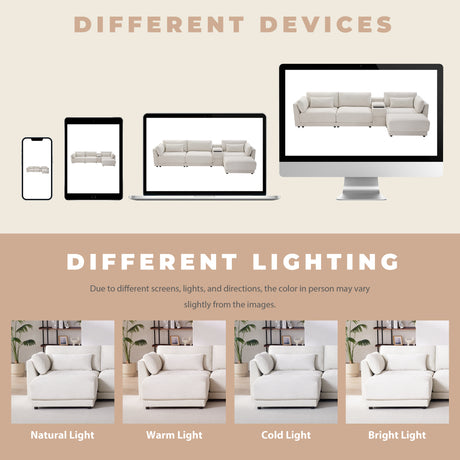 124'' L-Shaped Sectional Sofa with Multi-Functional Storage Console, Wired&Wireless Charger, Movable Ottoman, Wider&Thicker Cushion, Free Combination for Living Room&Apartment, Chenille - sold by Home Elegance USA