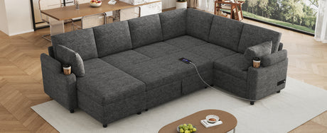 Versatile U-Shaped Sectional Sofa Bed with Storage, Cup Holders, Charging Ports in Grey Chenille - sold by Home Elegance USA