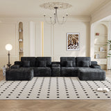 150''Width 5-piece Sectional Sofa with 2 Ottomans,Comfy U-shaped Sofa Couch for Living Room,BLACK Plush Corduroy Fabric