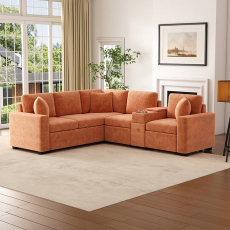 120.5' L-shaped Convertible Sofa Bed Modular Sectional Sofa Reversible Sleeper with Pull-Out Bed, Cup Holders, and Ample Storage Space for Living Room(Old SKU:N719S001940G), Orange - sold by Home Elegance USA