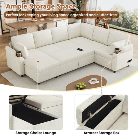 Convertible U-Shaped Sofa Bed with Storage, Cup Holders and Charging Ports, Beige Chenille, 109.9' - sold by Home Elegance USA