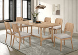 7pc Rectangular Dining Table Chair Set Light Brown Beige Finish Softly Rounded Corners Fabric Upholstered Wooden Dining Room Furniture