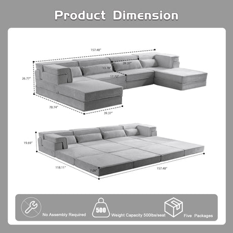 Compression Mahjong Sofa,Convertible Floor Sofa Bed,DIY Boneless Modular Sectional Sofa,No Assembly Required,Circle fleece fabric,Oversized 4 Seater with 2 Ottoman,Light-grey - sold by Home Elegance USA