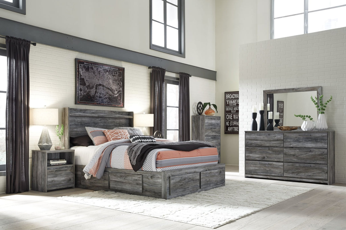 Baystorm - Gray - King Panel Bed With 4 Storage Drawers - 10 Pc. - Dresser, Mirror, Chest, King Bed, 2 Nightstands | Ashley | Home Elegance USA