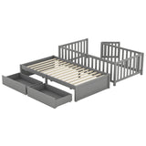 Twin Size Wood Daybed with Fence Guardrails and 2 Drawers, Used as Independent Floor Bed & Daybed, Gray - Home Elegance USA