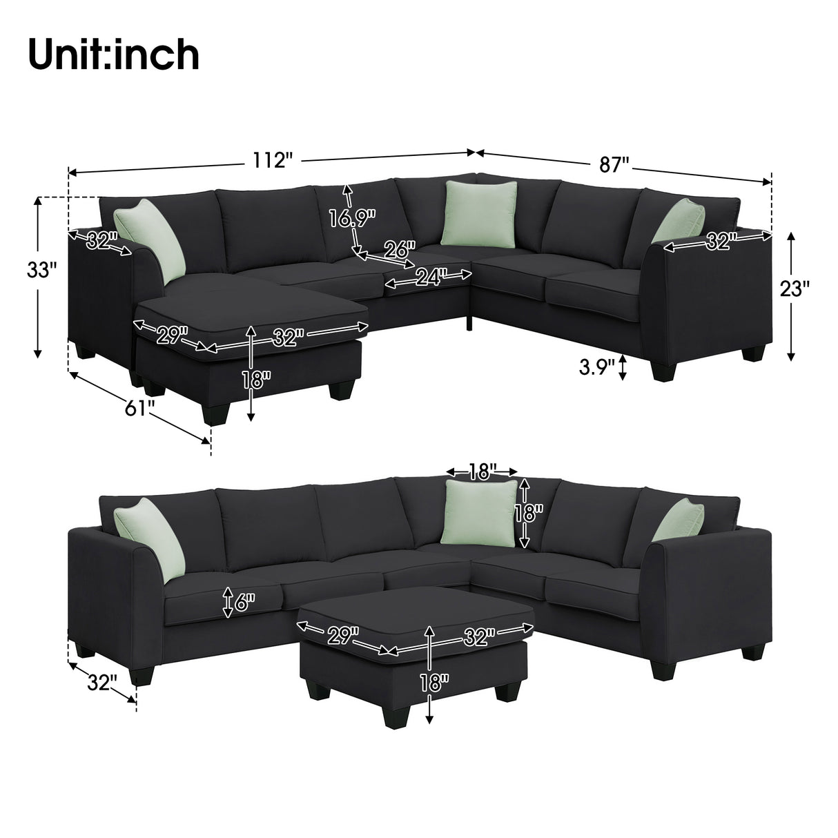 112*87" Sectional Sofa Couches Living Room Sets, 7 Seats Modular Sectional Sofa with Ottoman, L Shape Fabric Sofa Corner Couch Set with 3 Pillows, Black(New of GS008210AAB) - GS009012AAB - image - 3