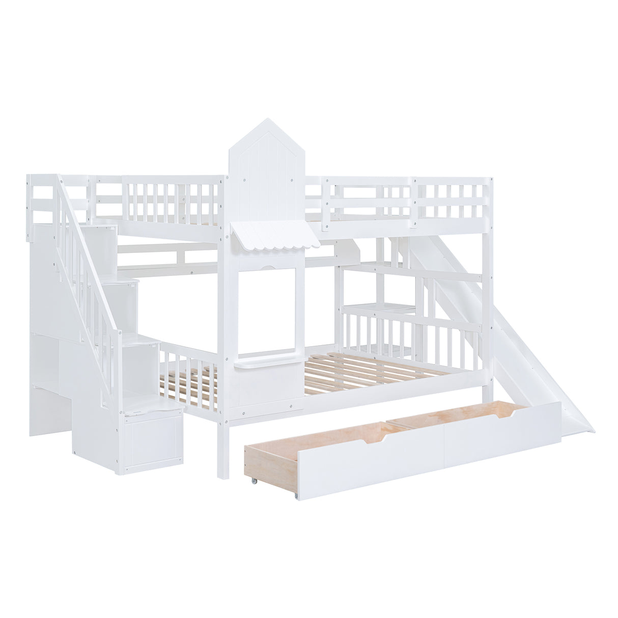 Full-Over-Full Castle Style Bunk Bed with 2 Drawers 3 Shelves and Slide - White - Home Elegance USA