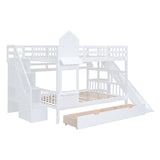 Full-Over-Full Castle Style Bunk Bed with 2 Drawers 3 Shelves and Slide - White - Home Elegance USA