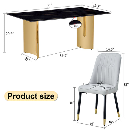Table and chair set.The table has a glass top with imitation marble pattern stickers and stainless steel golden legs.Paried with 8 Light Gray chairs with PU cushions and black legs.W1151S01546 - sold by Home Elegance USA