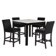 Modern 5pc Counter Height Dining Set with White Faux Marble Table, Black Velvet Upholstered Tufted Nail Head Chairs, Wooden Legs in Black Finish