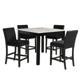 Modern 5pc Counter Height Dining Set with White Faux Marble Table, Black Velvet Upholstered Tufted Nail Head Chairs, Wooden Legs in Black Finish